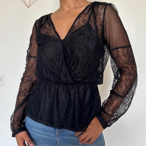 Express Lace V Neck Faux Wrap Blouse - Picture 2 of 10